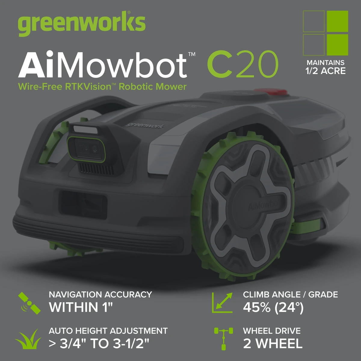 Greenworks AiMowbot C20 Wire-Free RTKVision Robotic Mower — 1/2 Acre - view 2