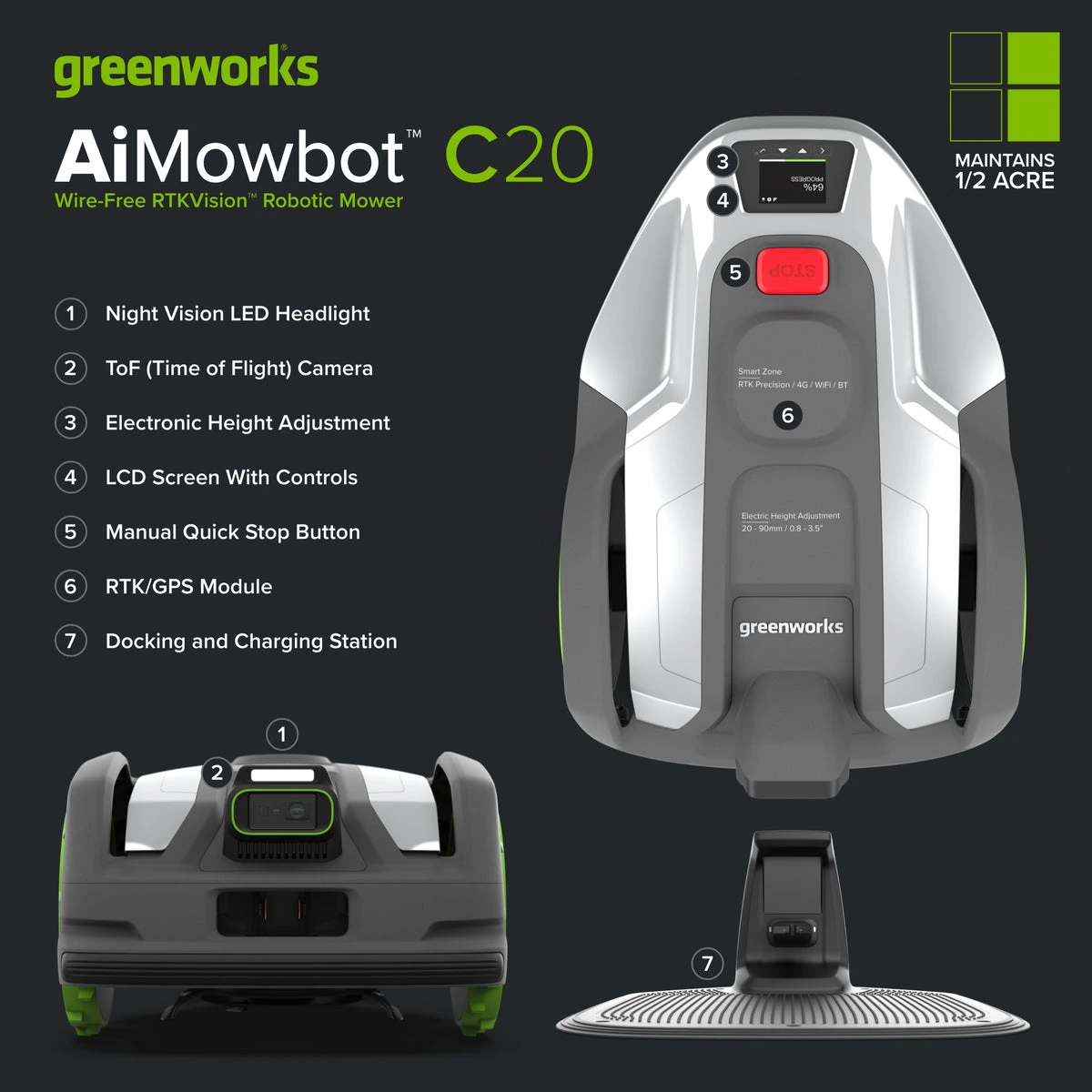 Greenworks AiMowbot C20 Wire-Free RTKVision Robotic Mower — 1/2 Acre - view 4